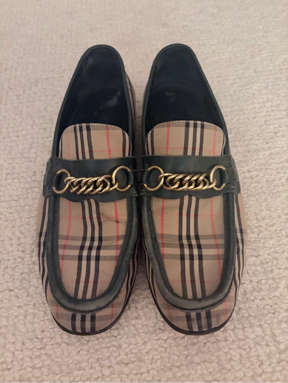 Burberry Tan Plaid Loafers with Green Trim and Gold Chain